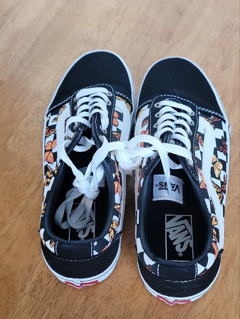 Vans ☆ Old Skool Sneakers - Black/White Checkers w/ Orange Butterflies